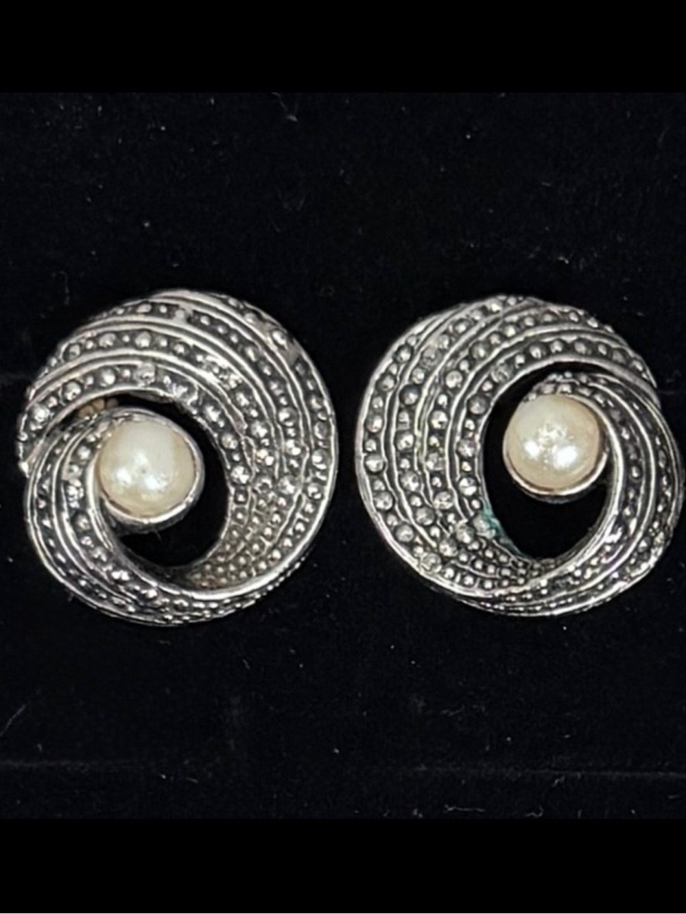 Vintage aged Silvertone Faux Pearl Swirl Pierced Earrings